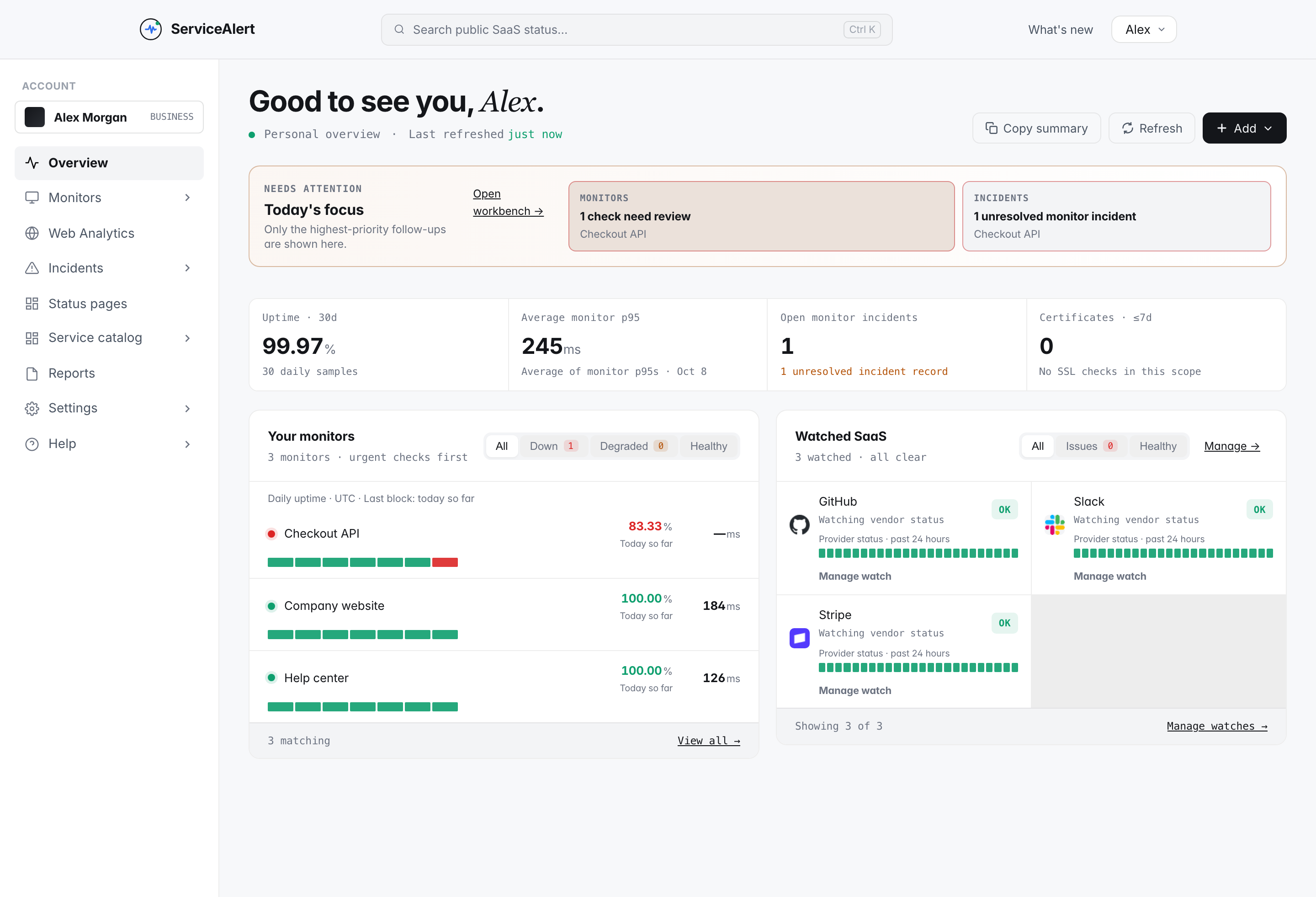 ServiceAlert dashboard with navigation, summary metrics, three sample monitors and three watched SaaS services.